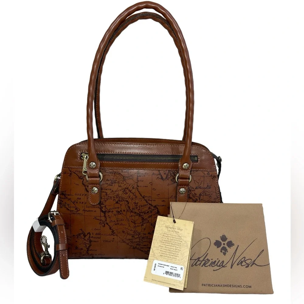 Patricia Nash Signature Map Calvi Square Leather Satchel Shoulder Bag Saddlebag - Picture 1 of 15